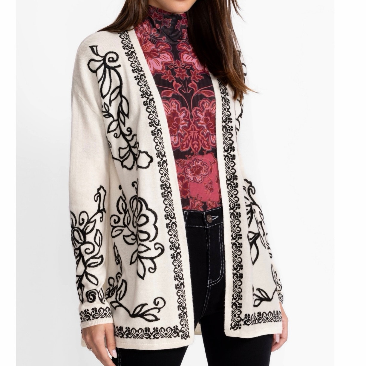 Nwot Johnny Was The Drape Cardigan Black/White Embroidered Sz Xs Oversized